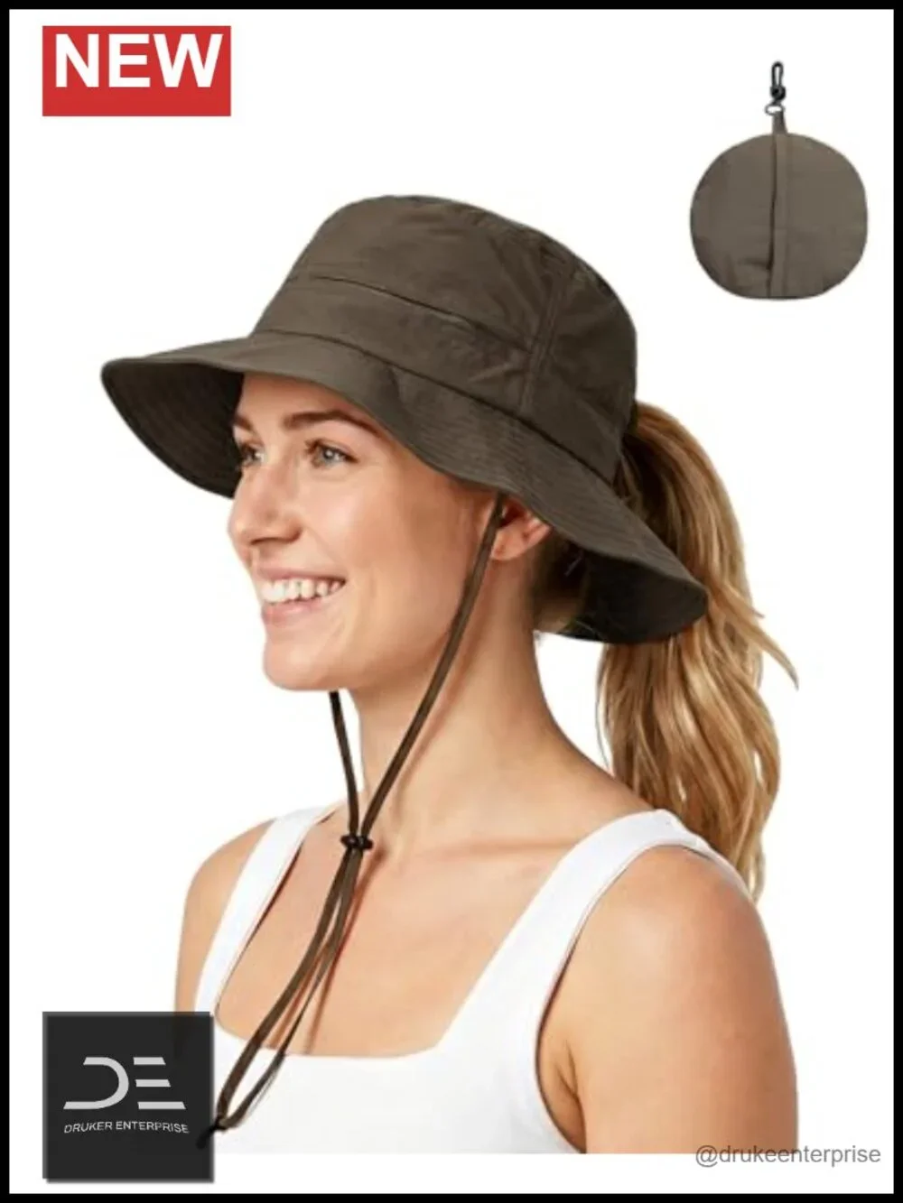 Women's UPF50+ Waterproof Bucket Hat with Hidden Ponytail Hole, Packable